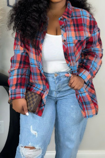 Red Casual Plaid Buckle Patchwork Turndown Collar Plus Size Overcoat