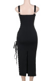 Black Sexy Solid Color Patchwork Backless Cross Straps Spaghetti Strap Sling Dresses