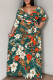 Light Green Casual Print Patchwork Strap Design V Neck Long Plus Size Dresses