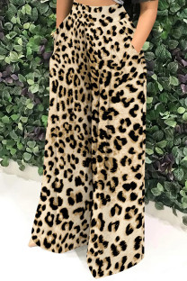 Light Yellow Casual Print Pocket Patchwork Loose High Waist Wide Leg Full Print Bottoms