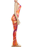 Orange Casual Print Patchwork Deep V Neck Skinny Jumpsuits
