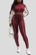 Burgundy Casual Patchwork Zipper Contrast Zipper Collar Long Sleeve Two Pieces