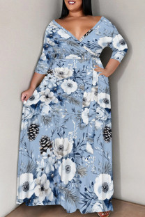 Blue Casual Print Patchwork Strap Design V Neck Long Plus Size Dresses