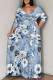 Blue Casual Print Patchwork Strap Design V Neck Long Plus Size Dresses