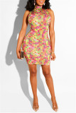 Blue Fashion Sexy Print Hot Drill Turtleneck Sleeveless Dress