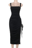 Black Sexy Solid Color Patchwork Backless Cross Straps Spaghetti Strap Sling Dresses