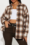 Coffee Casual Plaid Buckle Patchwork Turndown Collar Outerwear