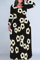 Black Apricot Casual Street Geometric Print Flowers Contrast O Neck Printed Plus Size Dresses