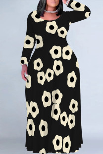 Black Apricot Casual Street Geometric Print Flowers Contrast O Neck Printed Plus Size Dresses