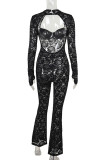 Black Sexy Solid Color Hollow Out Patchwork Slit O Neck Regular Jumpsuits
