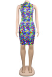 Blue Fashion Sexy Print Hot Drill Turtleneck Sleeveless Dress
