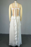 White Elegant Solid Color Hollow Out Patchwork Backless Ruffled Trim Halter Long Dresses