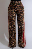 Leopard Print Casual Leopard Print Pocket Patchwork Loose High Waist Wide Leg Full Print Bottoms