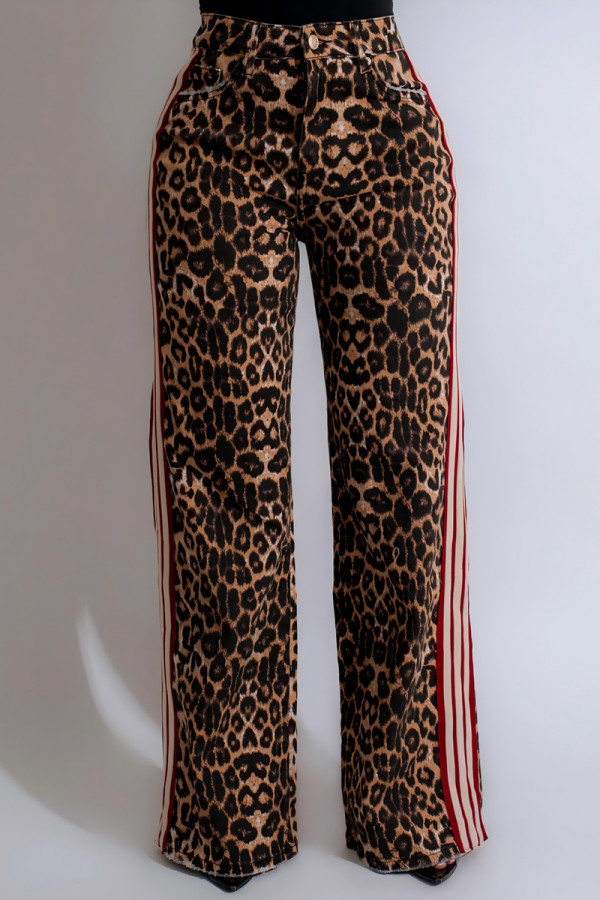 Leopard Print Casual Leopard Print Pocket Patchwork Loose High Waist Wide Leg Full Print Bottoms