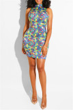 Blue Fashion Sexy Print Hot Drill Turtleneck Sleeveless Dress