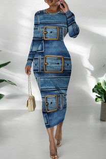 Blue Casual Print Patchwork O Neck Long Dresses