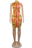 Blue Fashion Sexy Print Hot Drill Turtleneck Sleeveless Dress