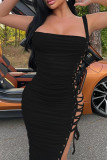 Black Sexy Solid Color Patchwork Backless Cross Straps Spaghetti Strap Sling Dresses