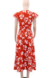 Red Elegant Print Patchwork V Neck Long Dresses