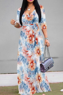 Blue Red Casual Print Patchwork Strap Design V Neck Long Dresses