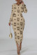 Khaki Casual Street Letter Print Contrast O Neck Printed Dresses