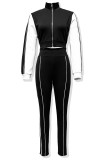 Black Casual Patchwork Zipper Contrast Zipper Collar Long Sleeve Two Pieces