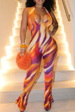 Orange Casual Print Patchwork Deep V Neck Skinny Jumpsuits