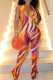 Orange Casual Print Patchwork Deep V Neck Skinny Jumpsuits
