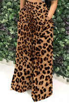 Brown Casual Print Pocket Patchwork Loose High Waist Wide Leg Full Print Bottoms