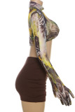 Brown Sexy Print Patchwork O Neck Long Sleeve Two Pieces