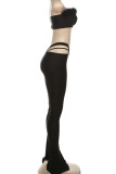 Black Sexy Solid Color Hollow Out Patchwork Strapless Two Pieces