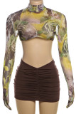 Brown Sexy Print Patchwork O Neck Long Sleeve Two Pieces