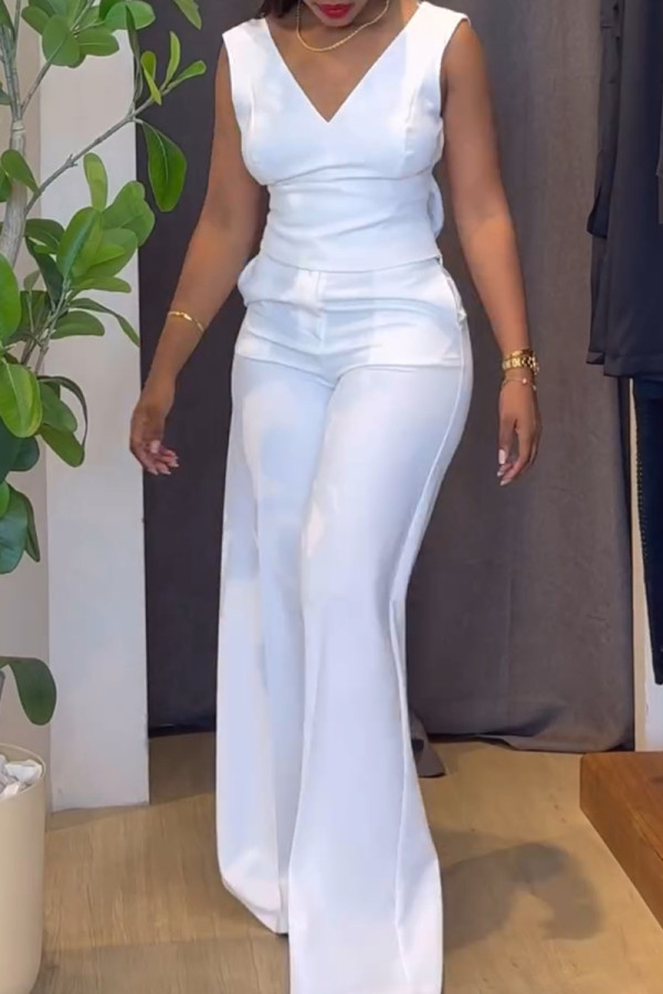 White Casual Solid Color Pocket Patchwork Zipper V Neck Two Pieces
