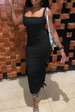 Black Sexy Solid Color Patchwork Backless Cross Straps Spaghetti Strap Sling Dresses