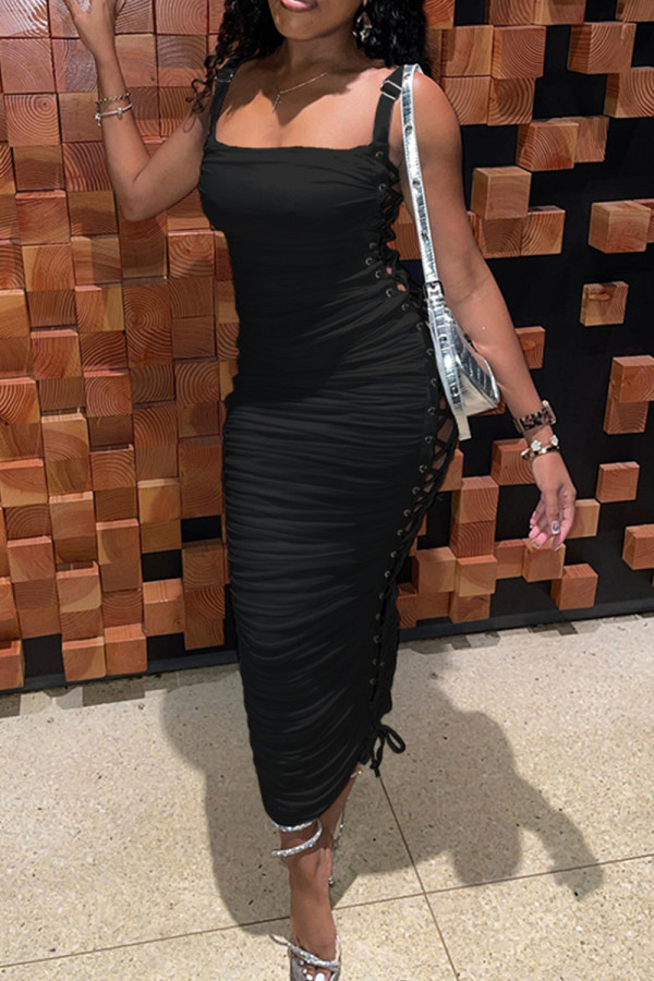 Black Sexy Solid Color Patchwork Backless Cross Straps Spaghetti Strap Sling Dresses