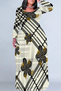 Beige Casual Street Geometric Print Flowers Contrast O Neck Printed Plus Size Dresses