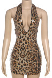 Leopard Print Sexy Leopard Print Patchwork Deep V Neck Wrapped Skirt Dresses