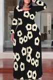 Black Apricot Casual Street Geometric Print Flowers Contrast O Neck Printed Plus Size Dresses