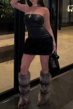 Black Sexy Solid Color Patchwork Backless Strapless Wrapped Skirt Dresses