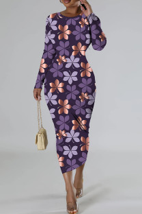 Purple Casual Floral Print Basic O Neck Long Sleeve Dresses