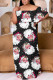 Black White Casual Santa Claus Print Patchwork Off Shoulder Long Plus Size Dresses