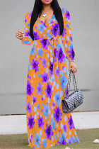 Orange Purple Daily Elegant Floral Print Lace Up Contrast V Neck Printed Dresses