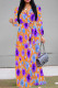 Orange Purple Daily Elegant Floral Print Lace Up Contrast V Neck Printed Dresses
