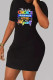 Black Sexy Print Patchwork O Neck Wrapped Skirt Dresses