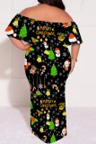 Black Red Casual Santa Claus Print Patchwork Off Shoulder Long Plus Size Dresses