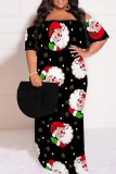 Black Red Casual Santa Claus Print Patchwork Off Shoulder Long Plus Size Dresses