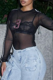 Black Sexy Letters Patchwork See-Through Contrast O Neck Tops