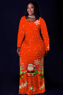 Tangerine Red Casual Print Basic O Neck Long Plus Size Dresses