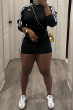 Black Casual Patchwork Contrast O Neck Long Sleeve Two Pieces