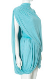 Blue Daily Solid Color Patchwork Irregular O Neck Long Sleeve Two Pieces